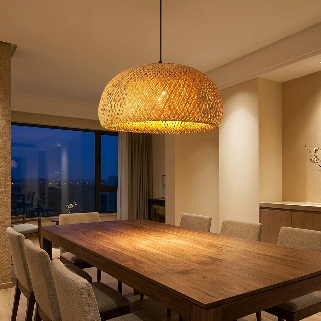 Rattan chandelier lit above a walnut dining table
