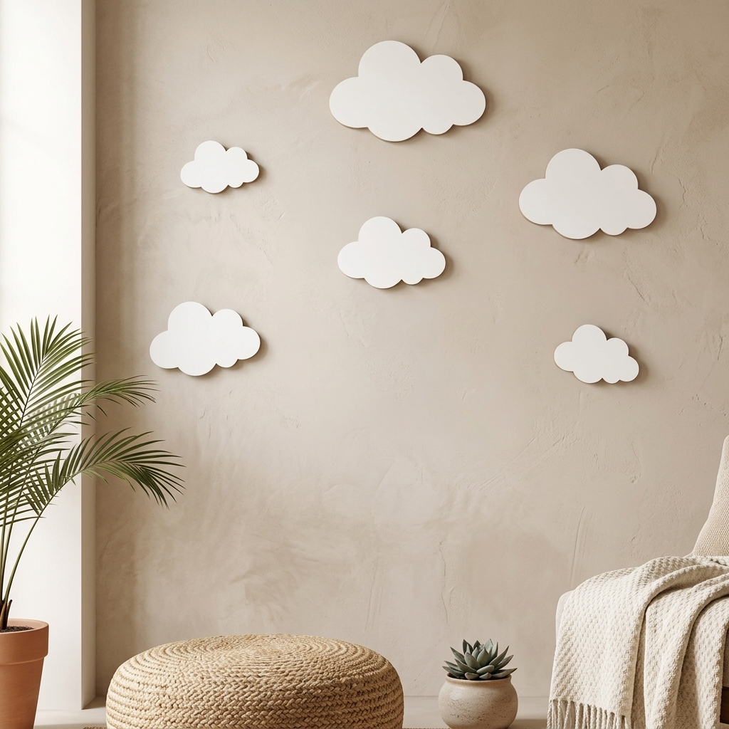 Wood wall sign set hung as a group on a plaster wall