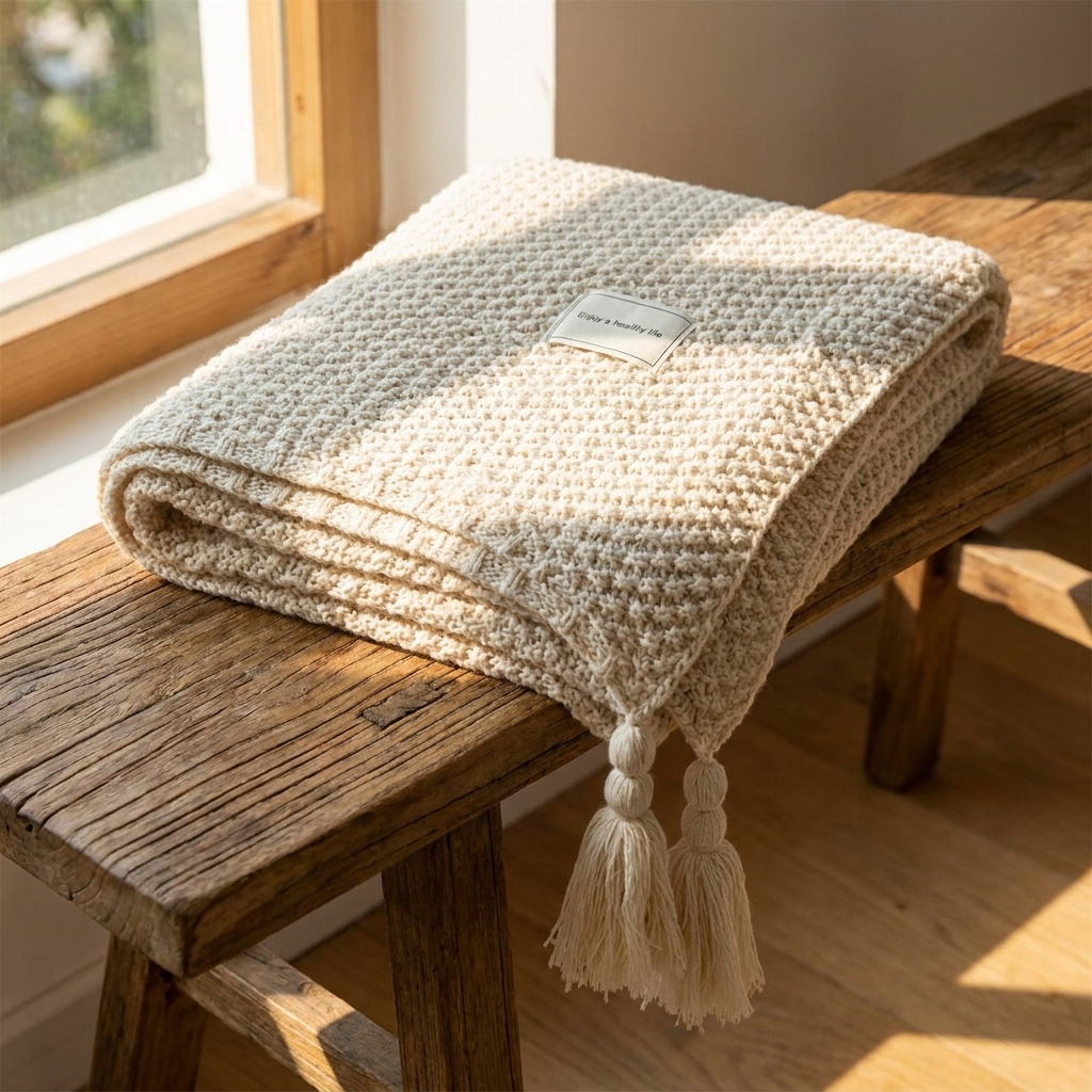 Cove throw folded on a wooden bench showing the weave and hem