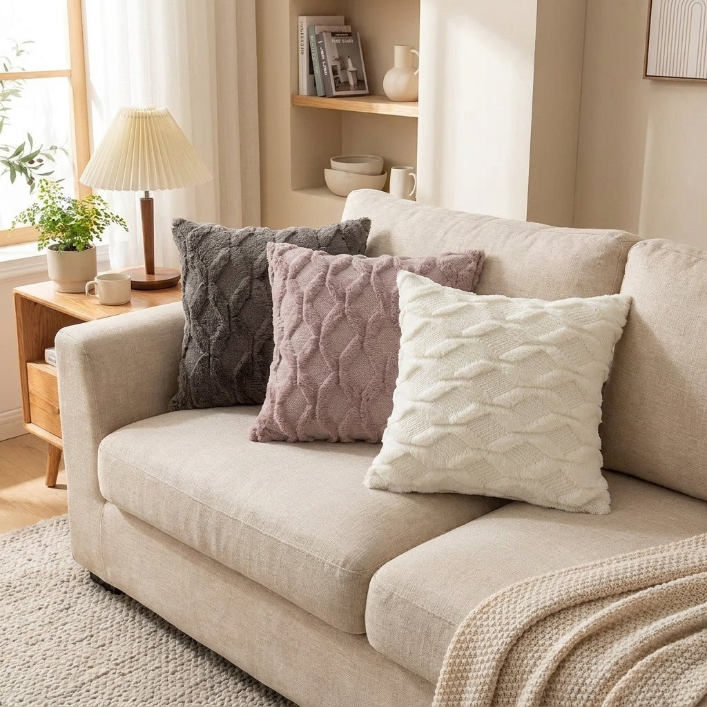 Fell cushion cover on a linen sofa in a warm neutral living room
