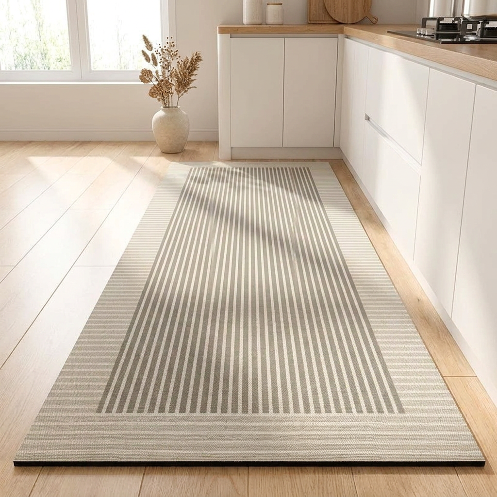 Ripple floor mat on pale oak flooring in a calm neutral kitchen