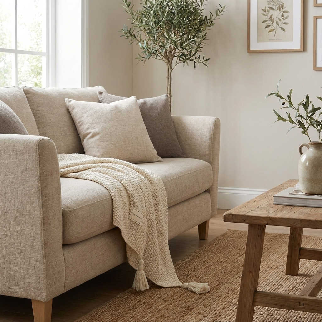 Cove cozy throw draped over the arm of a linen sofa