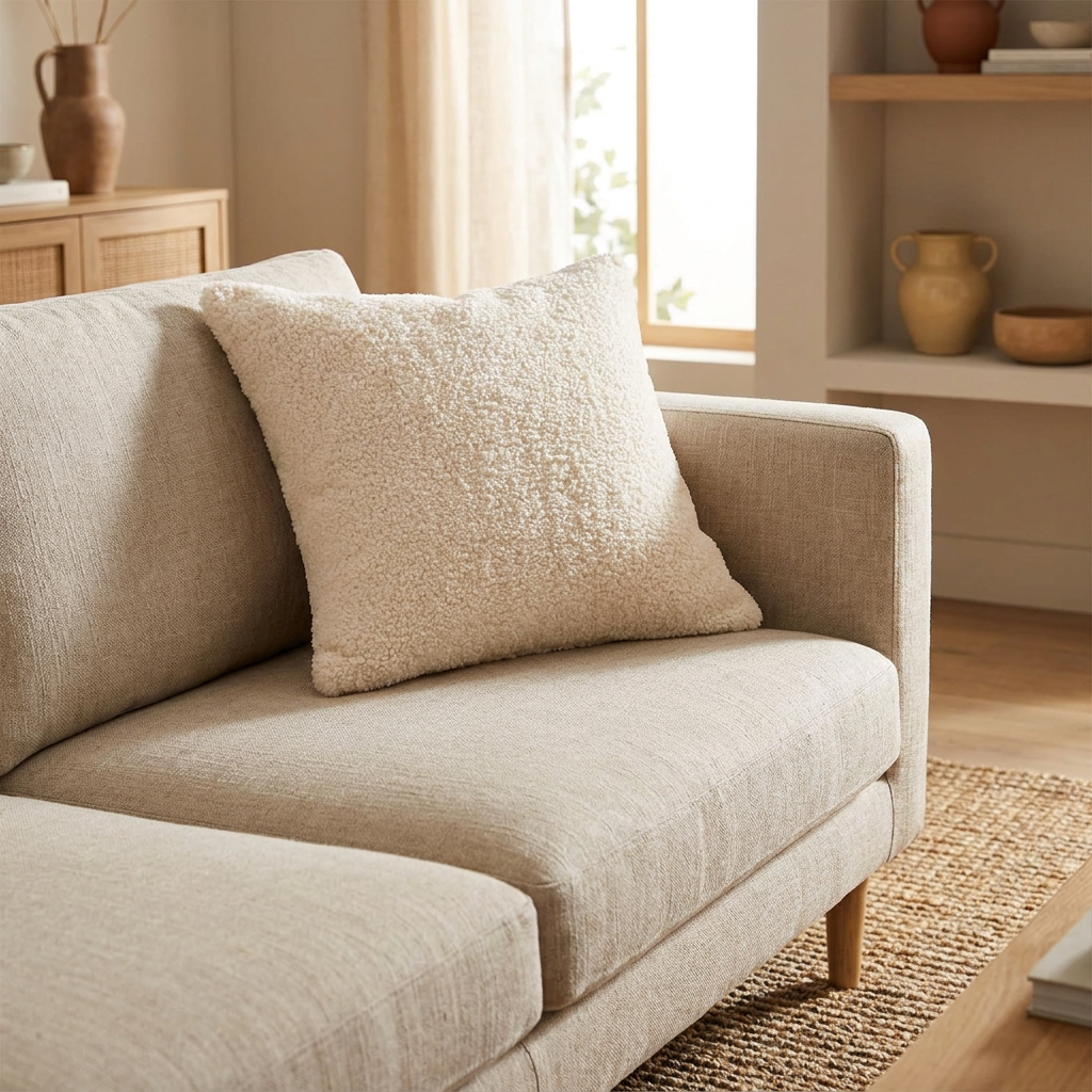 Vale pillow cover on a linen sofa in a warm neutral living room