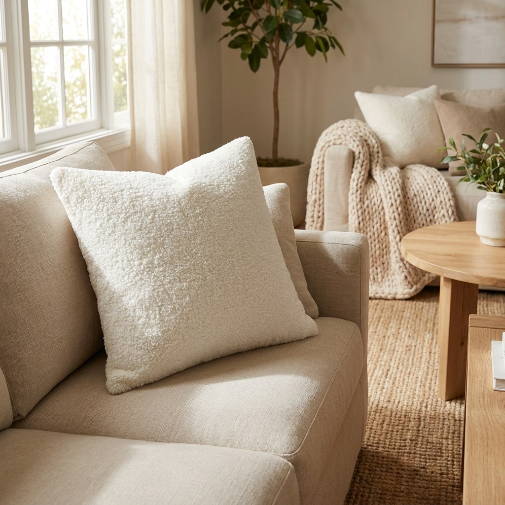 Uist cushion cover on a linen sofa in a warm neutral living room