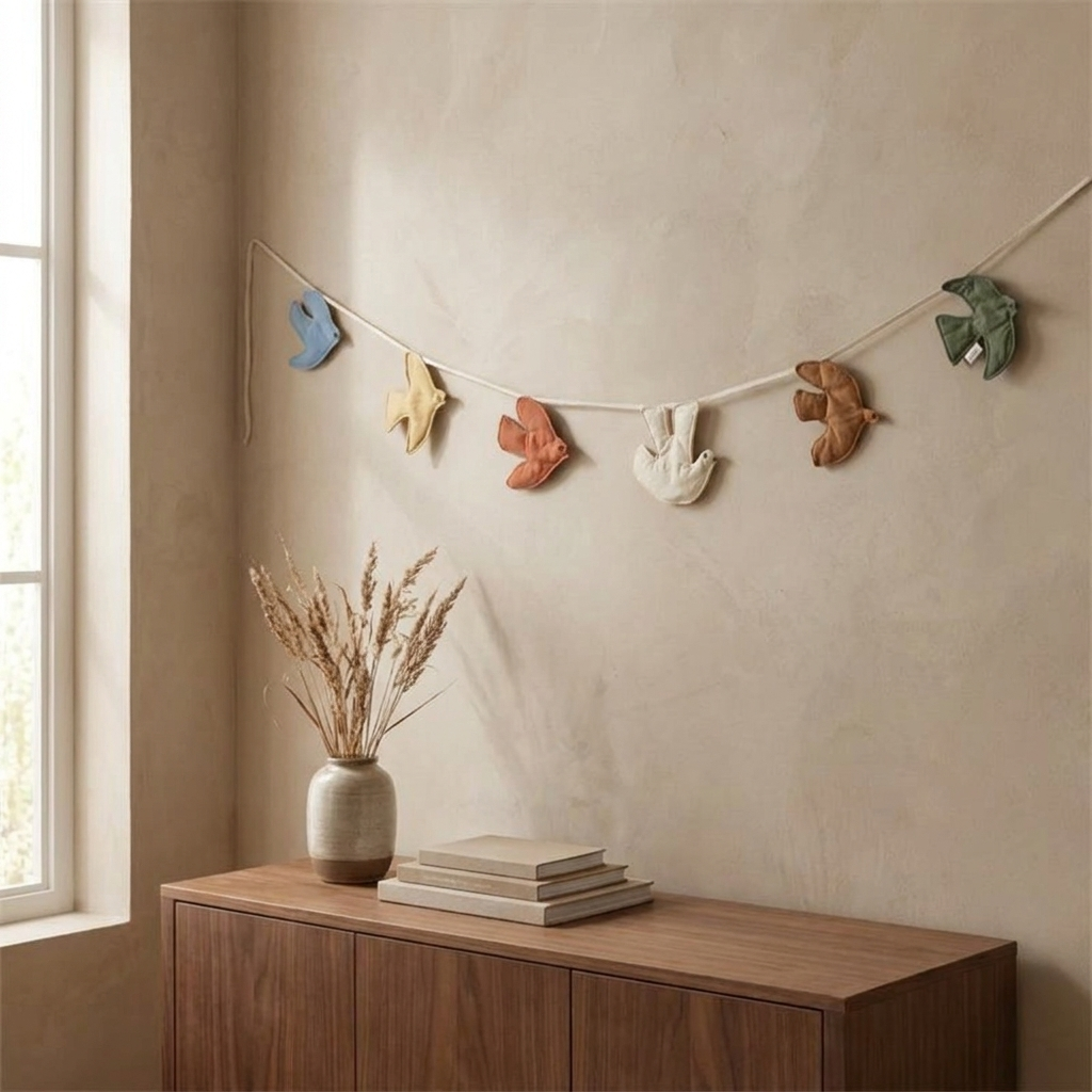 Shoal wall hanging above a walnut console in a calm neutral room