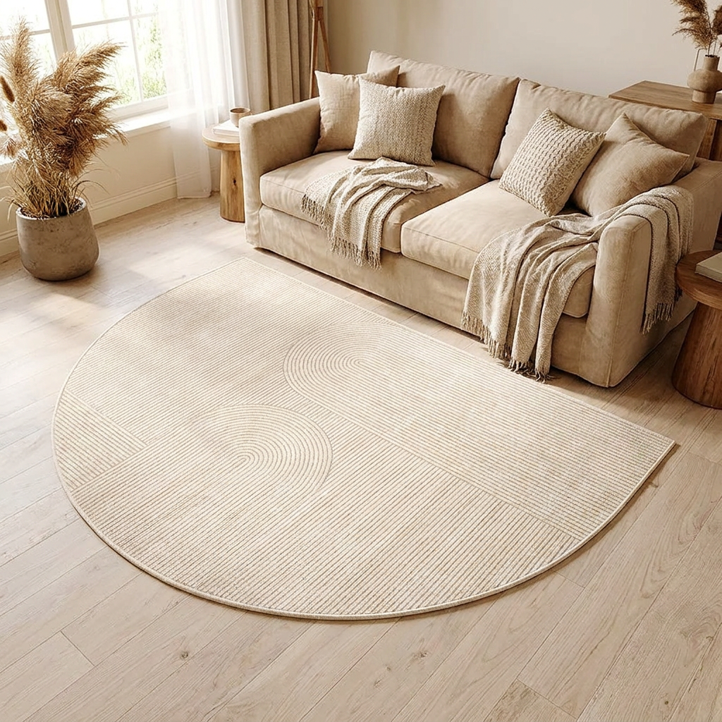 Field area rug on pale oak flooring in a warm neutral living room