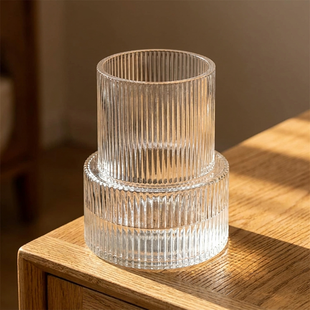 Stac glass vase close view on an oak surface showing the glass texture