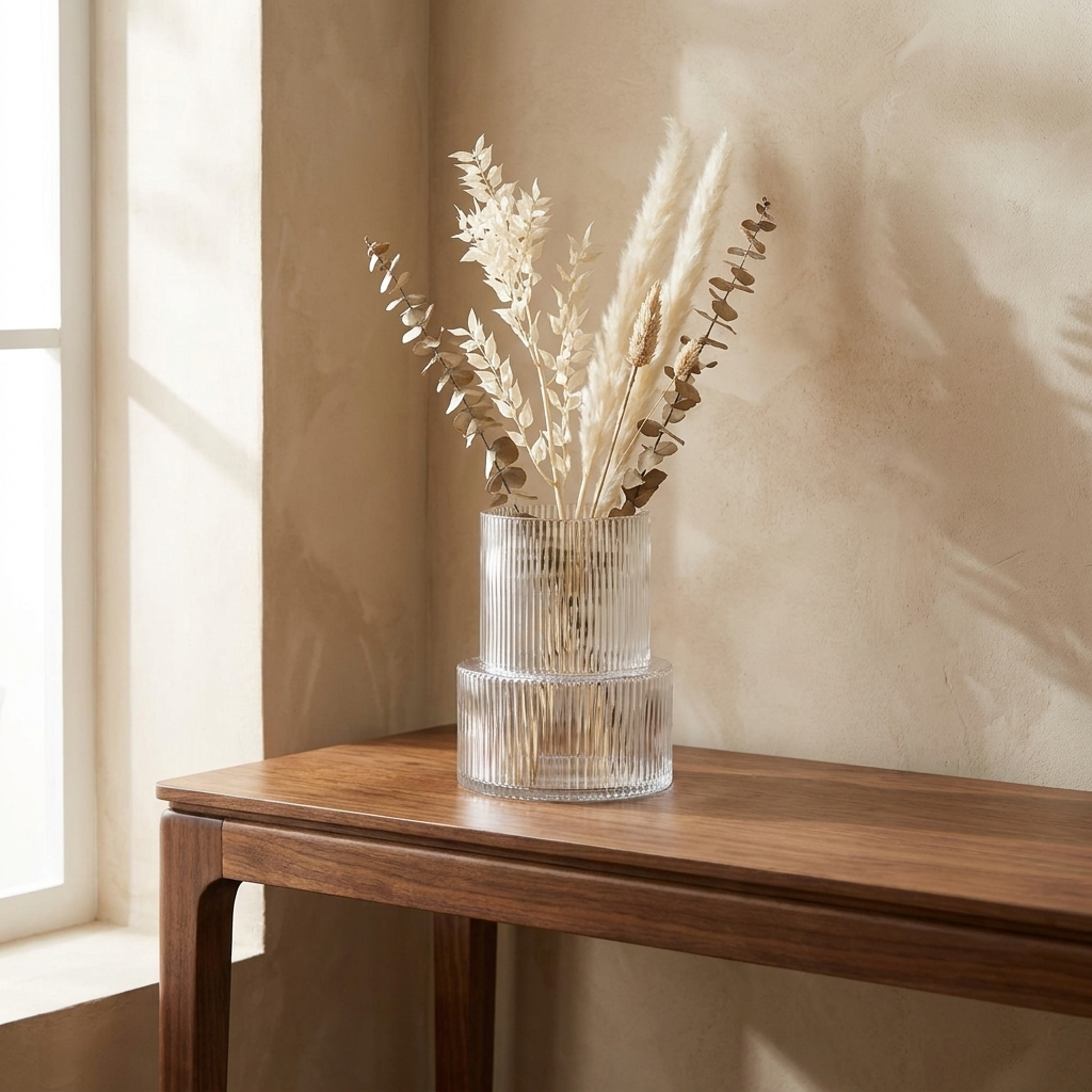 Stac glass vase on a walnut console with dried stems