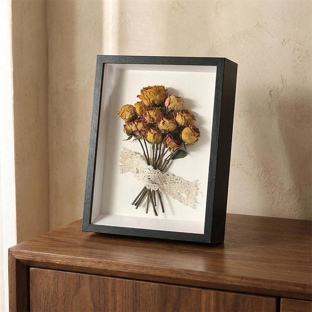 Wood picture frame on a walnut console against a plaster wall