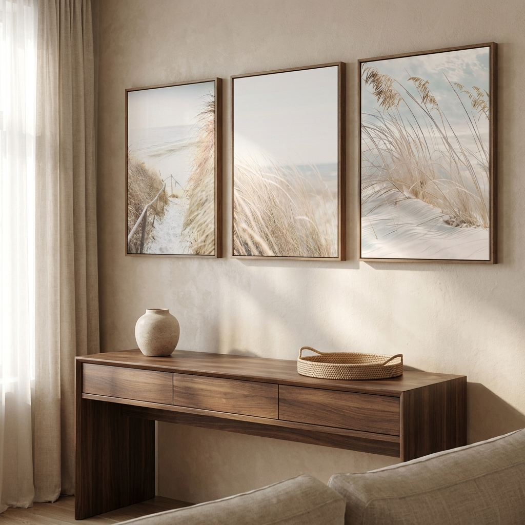 Broom canvas wall art hung above a walnut console
