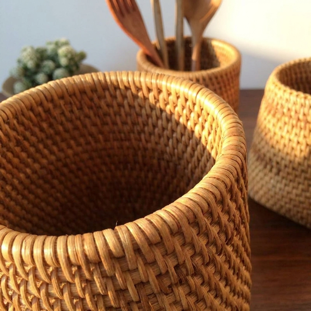 Rattan basket close view showing the weave texture and rim