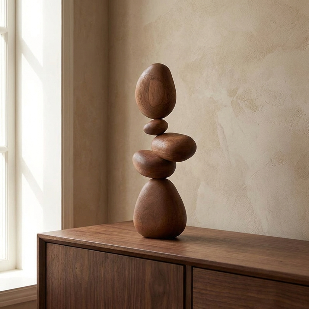 Stone decorative object on a walnut console against a plaster wall
