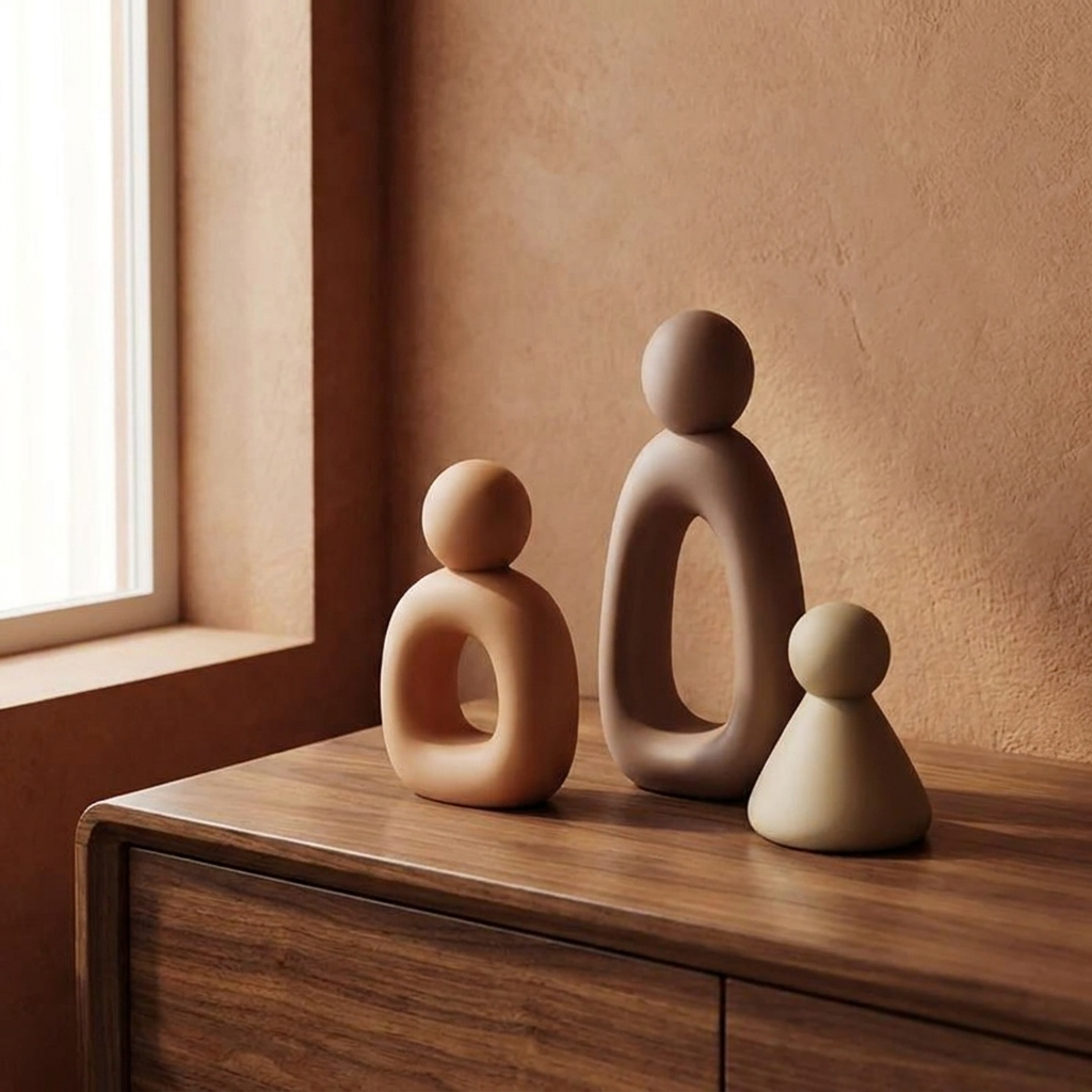 Balta sculpture on a walnut console against a plaster wall