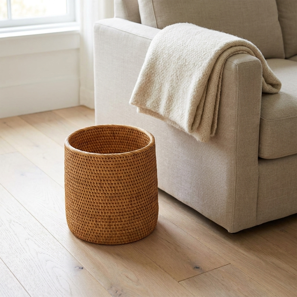 Rattan basket beside a linen sofa holding a folded throw