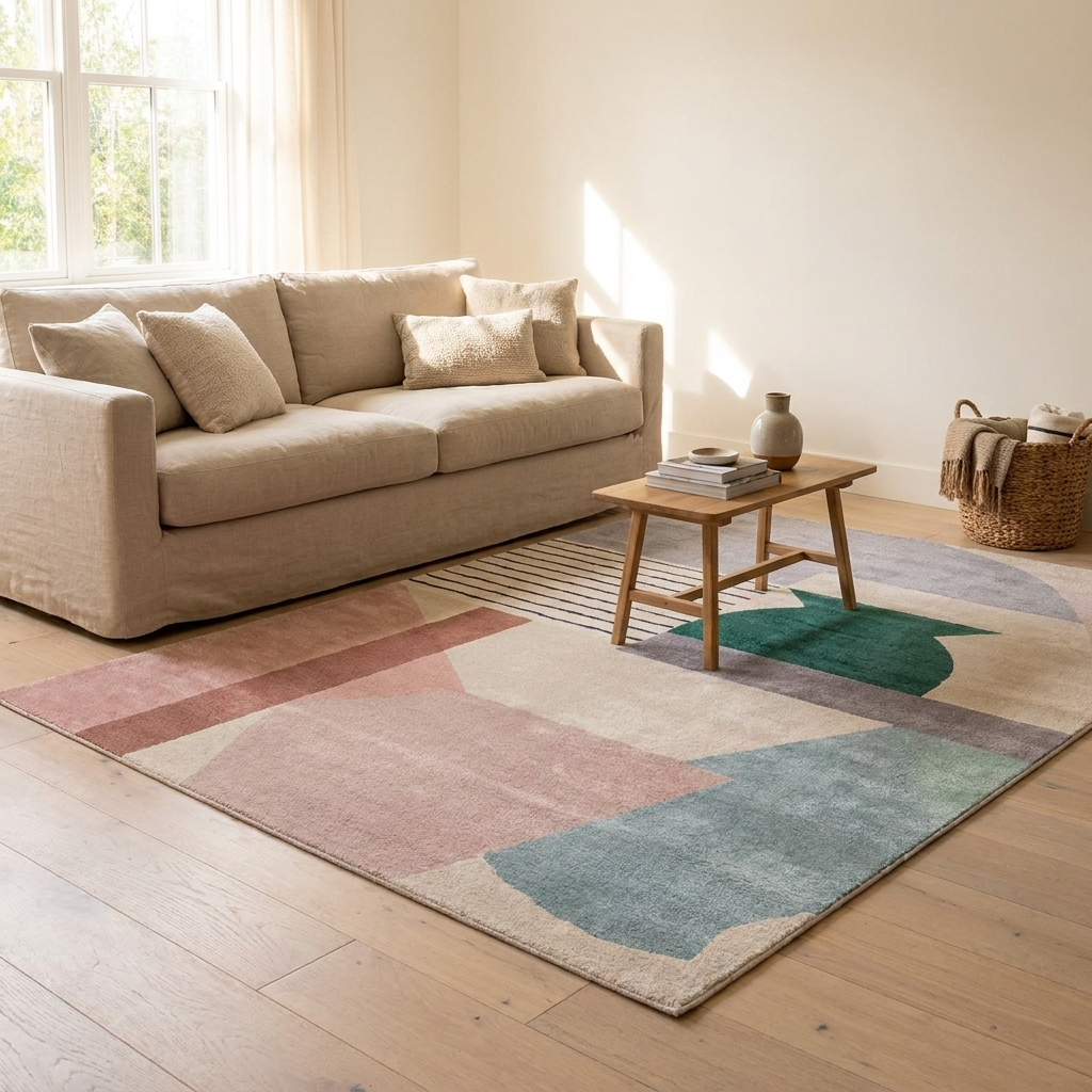 Stratus area rug on pale oak flooring in a warm neutral living room
