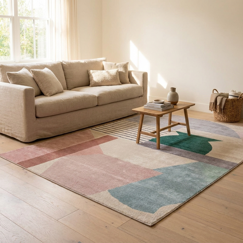Stratus area rug on pale oak flooring in a warm neutral living room
