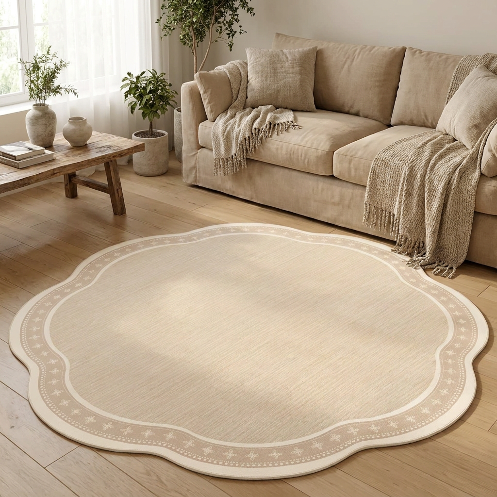 Esker area rug on pale oak flooring in a warm neutral living room