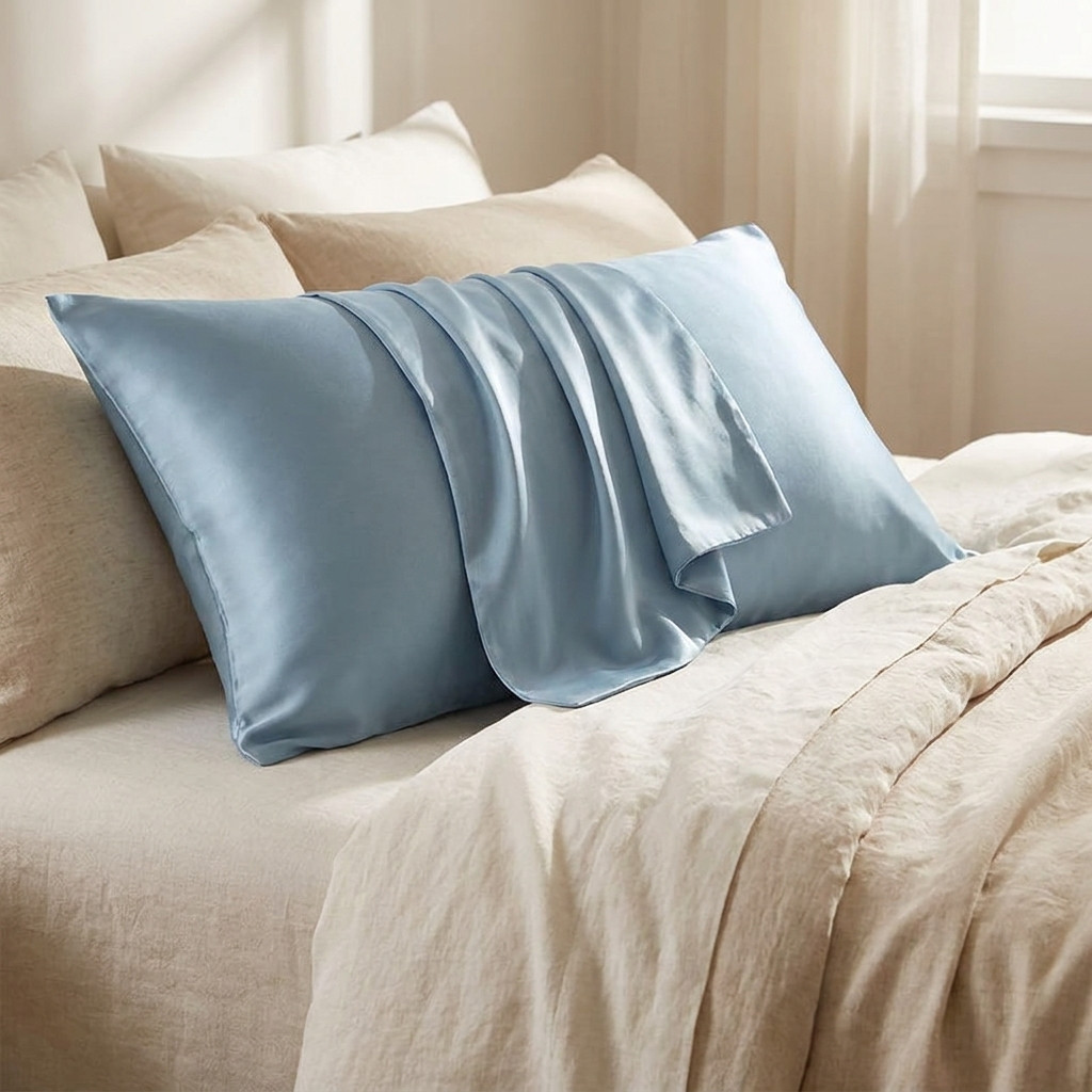 Arran pillowcase on a made bed with linen bedding
