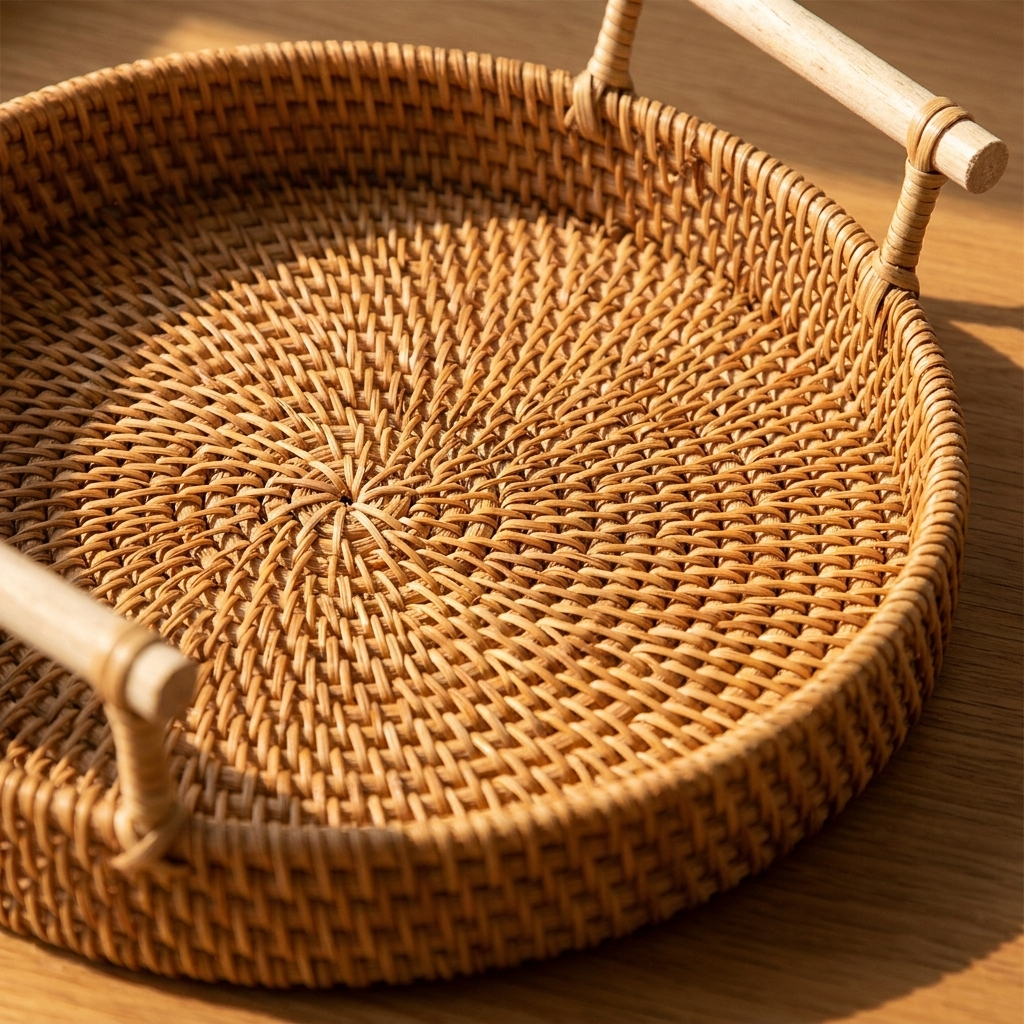 Rattan storage basket close view showing the weave texture and rim