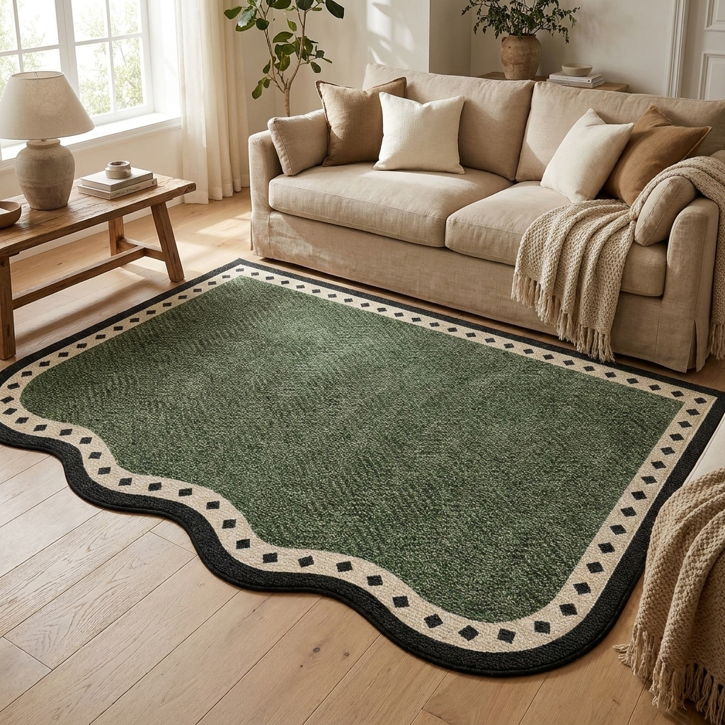 Finch area rug on pale oak flooring in a warm neutral living room
