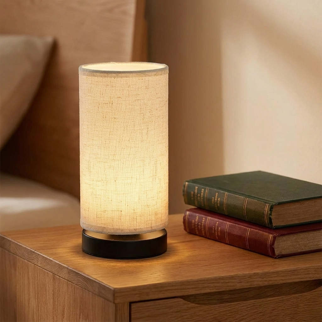 Scree table lamp beside two hardback books in warm side light