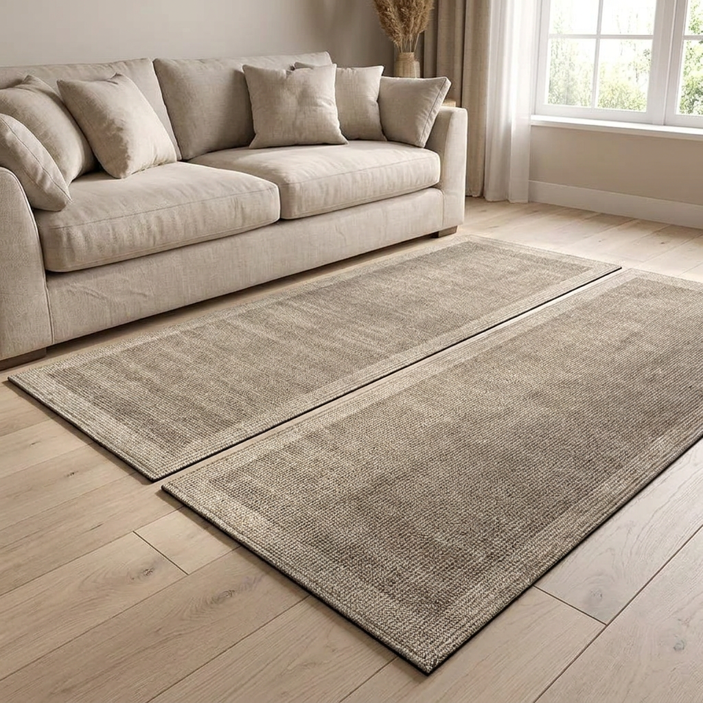 Knoll area rug on pale oak flooring in a warm neutral living room