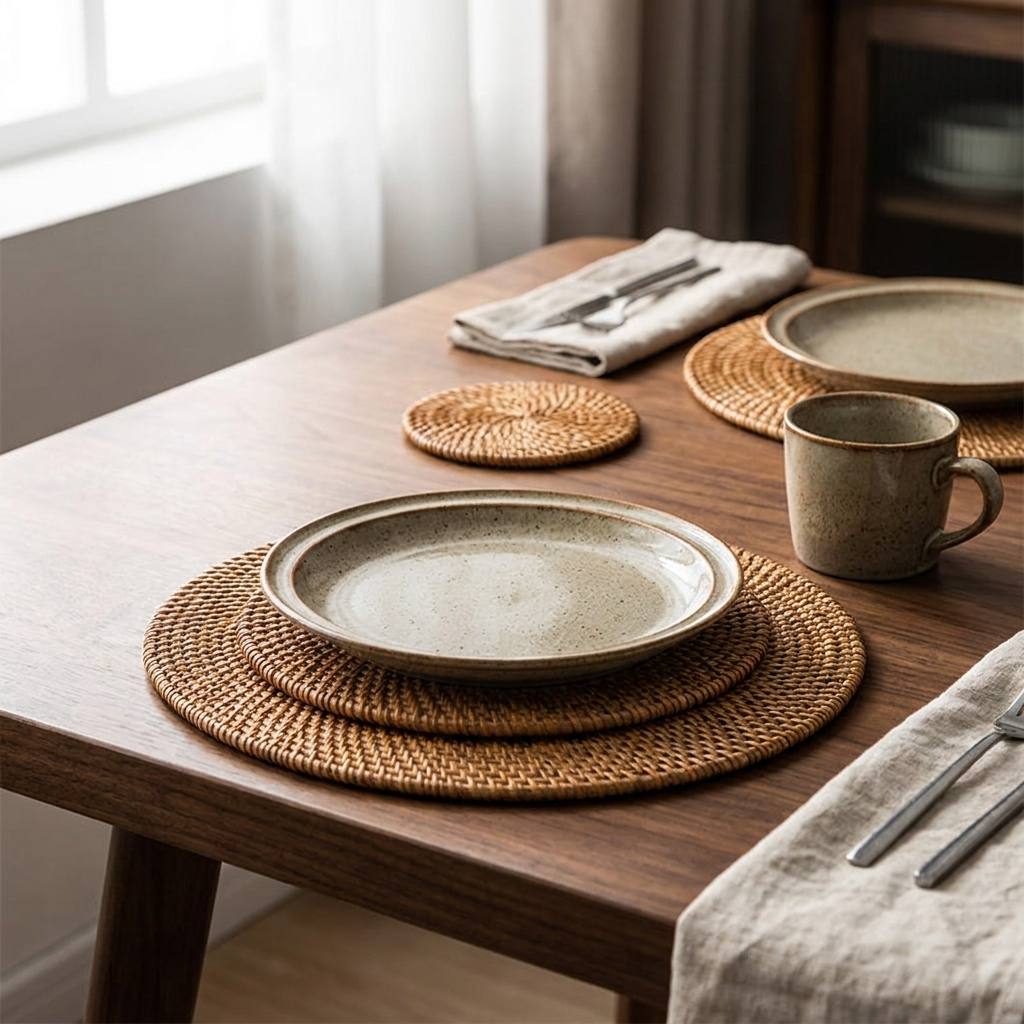Cobble rattan placemats on a walnut dining table with a stoneware plate and mug