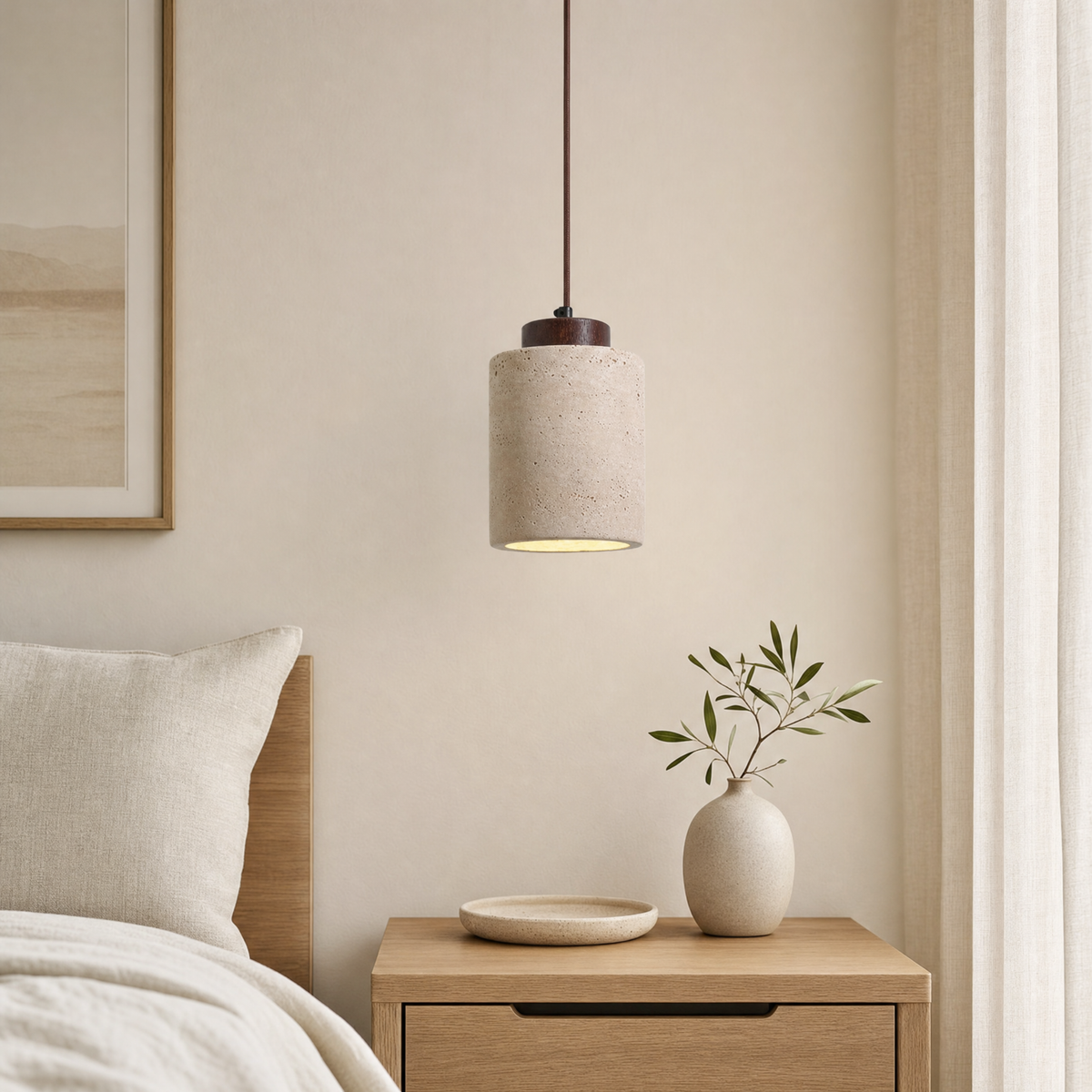 Jura Hanging Ceiling Light for Bedroom in tall travertine walnut