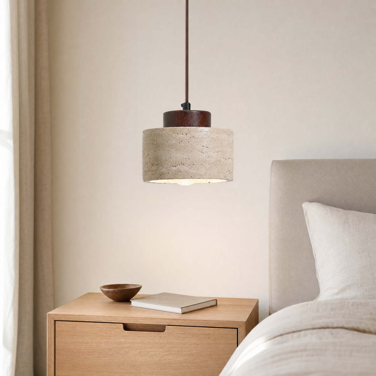 Jura Hanging Ceiling Light for Bedroom in wide travertine walnut