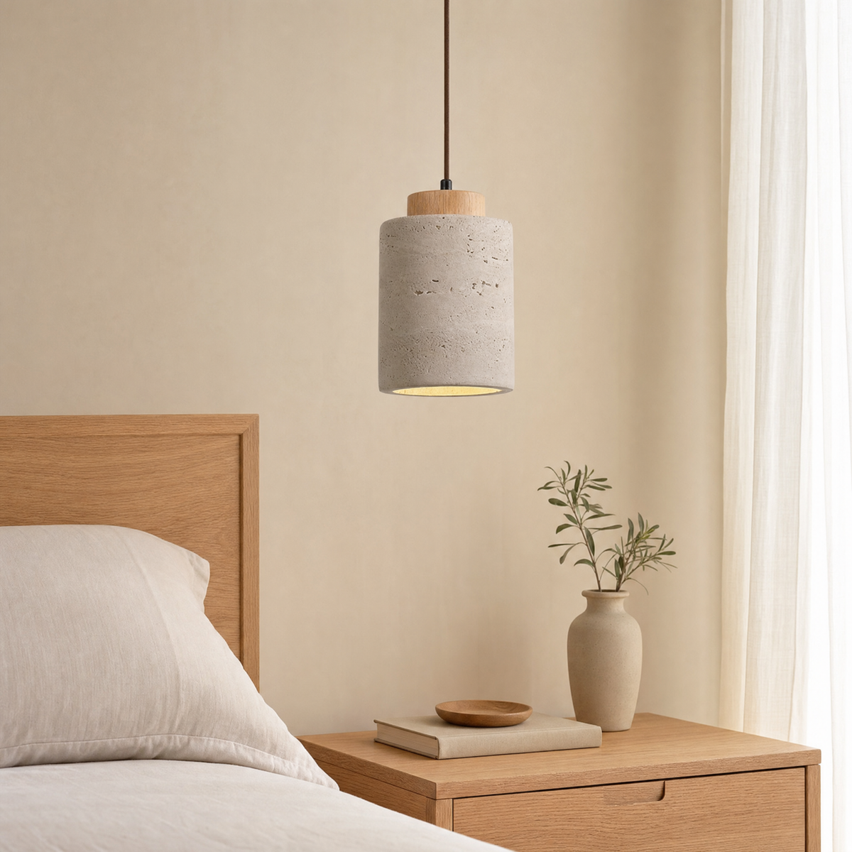 Jura Hanging Ceiling Light for Bedroom in tall travertine oak