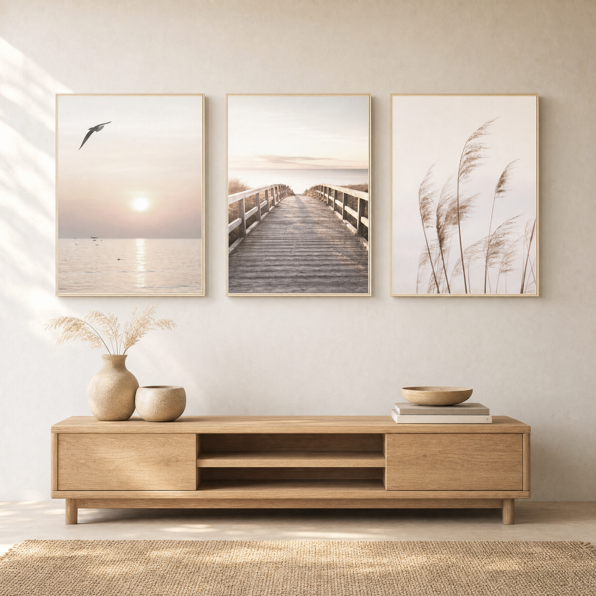Broom Set of 3 for Living Room in sunset boardwalk