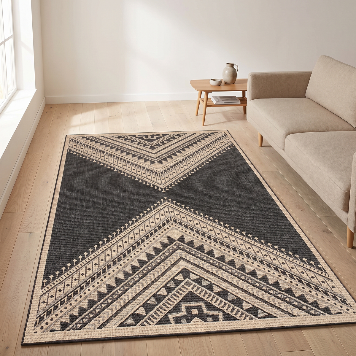 Fintry Area Rug for Living Room in charcoal aztec