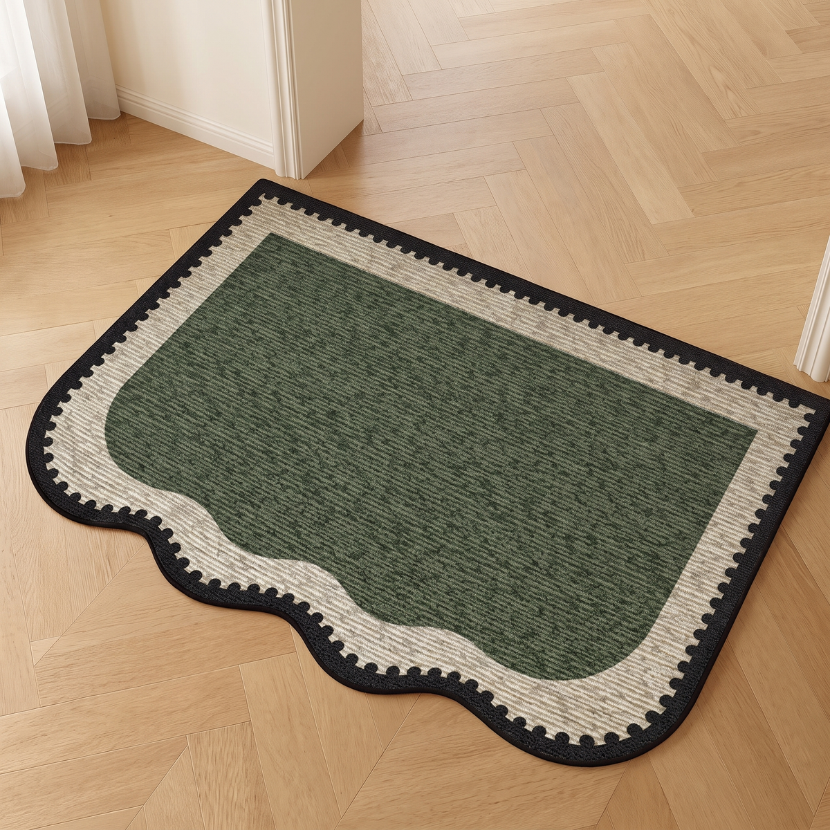 Finch Area Rug for Entryway in sage cream border