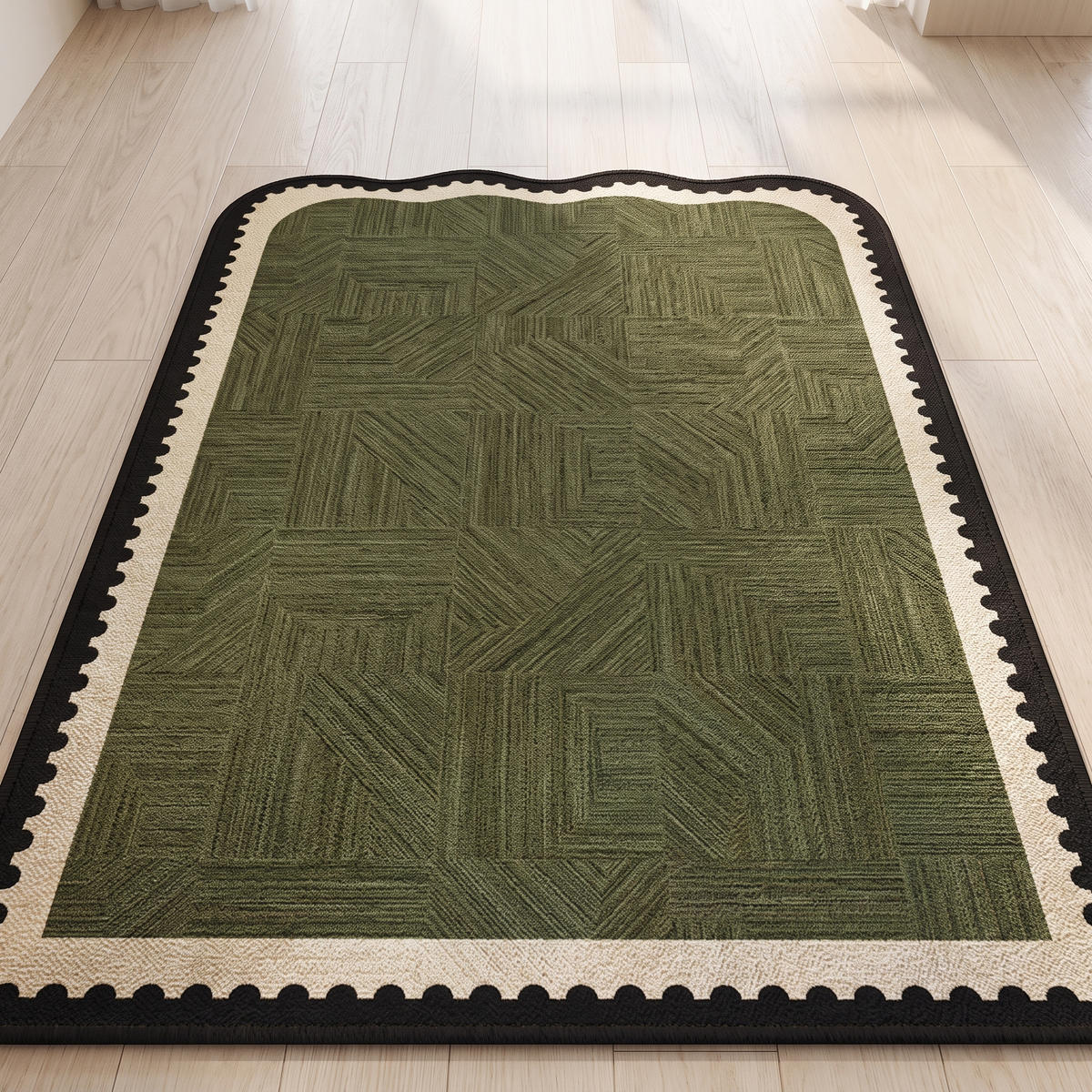 Finch Area Rug for Entryway in olive cream border