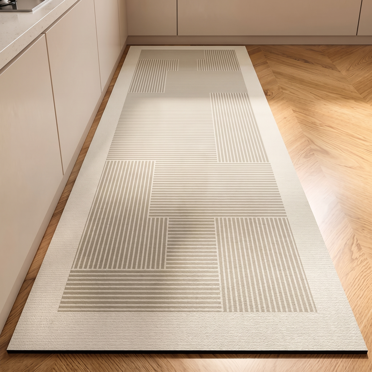 Ripple Non-Slip Mat for Kitchen in cream line block