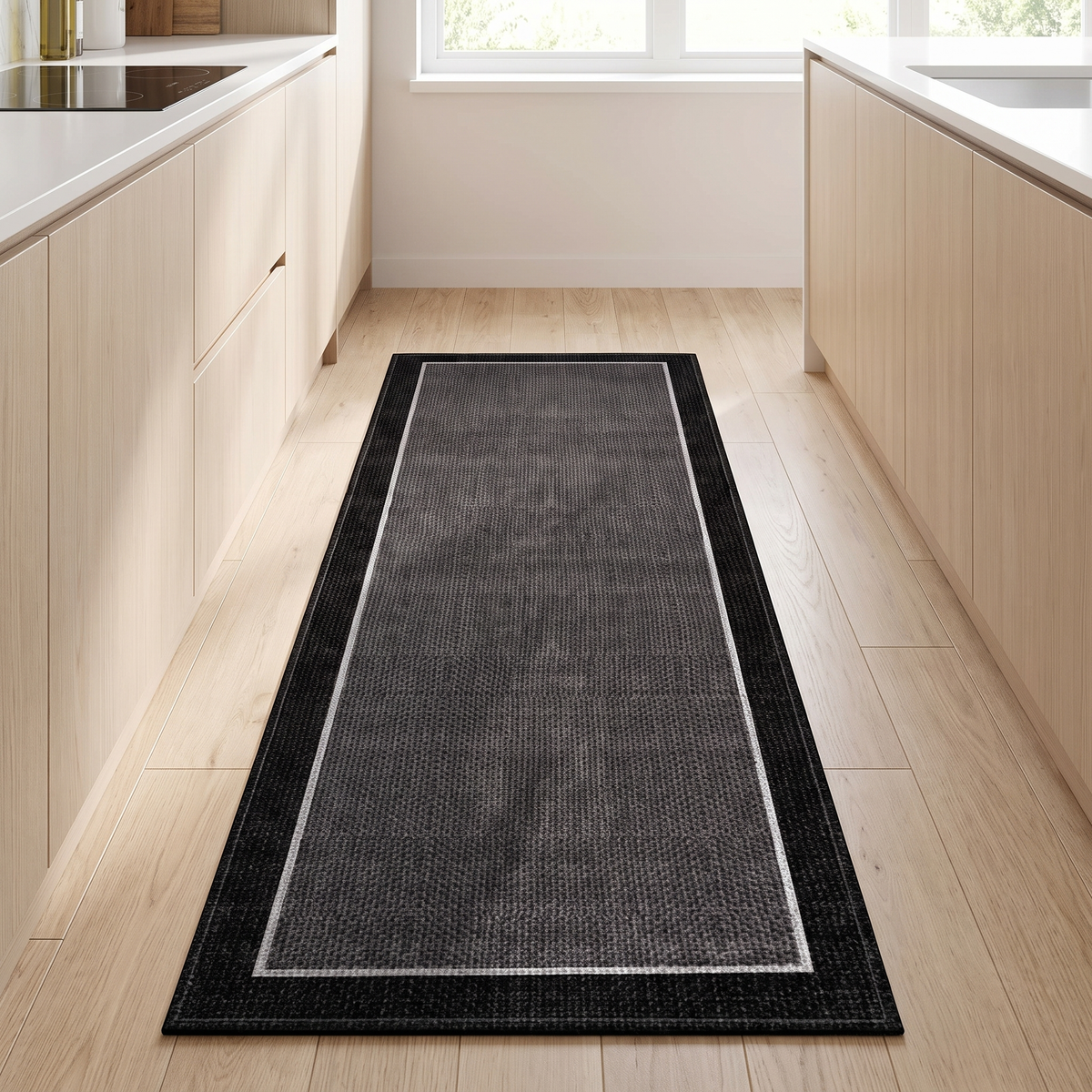 Knoll Area Rug for Kitchen in charcoal border